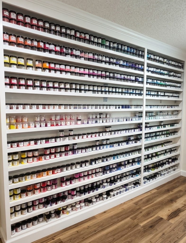 Custom built-in wall shelving for craft supply storage